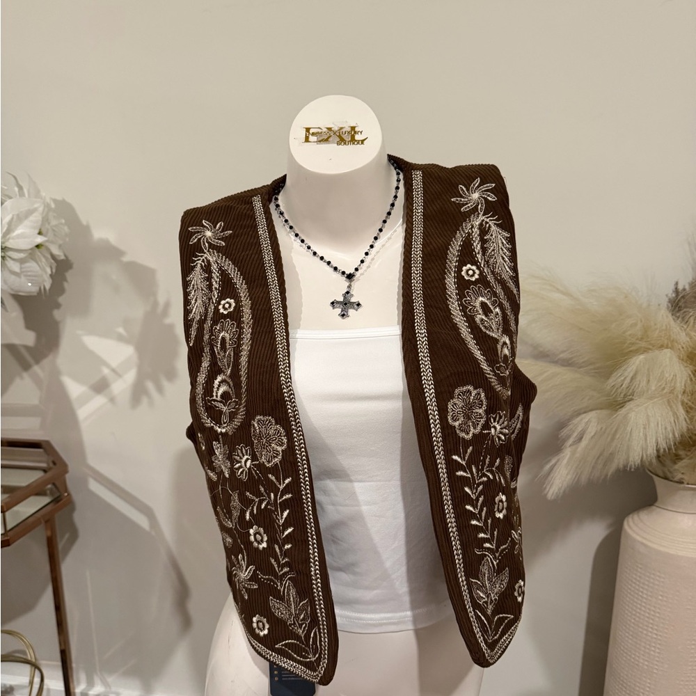 Brown and  Cream  Embroidered Vest